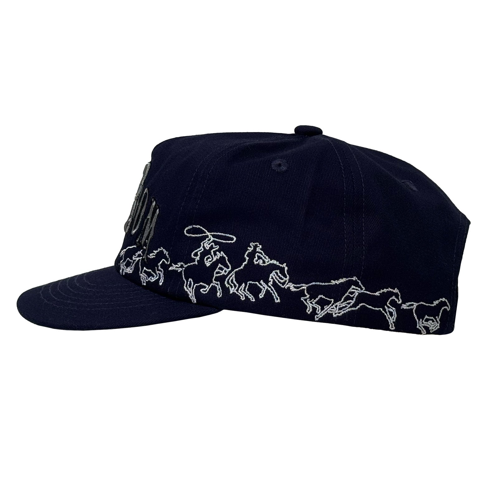 Navy blue cap with white horse designs on a white background