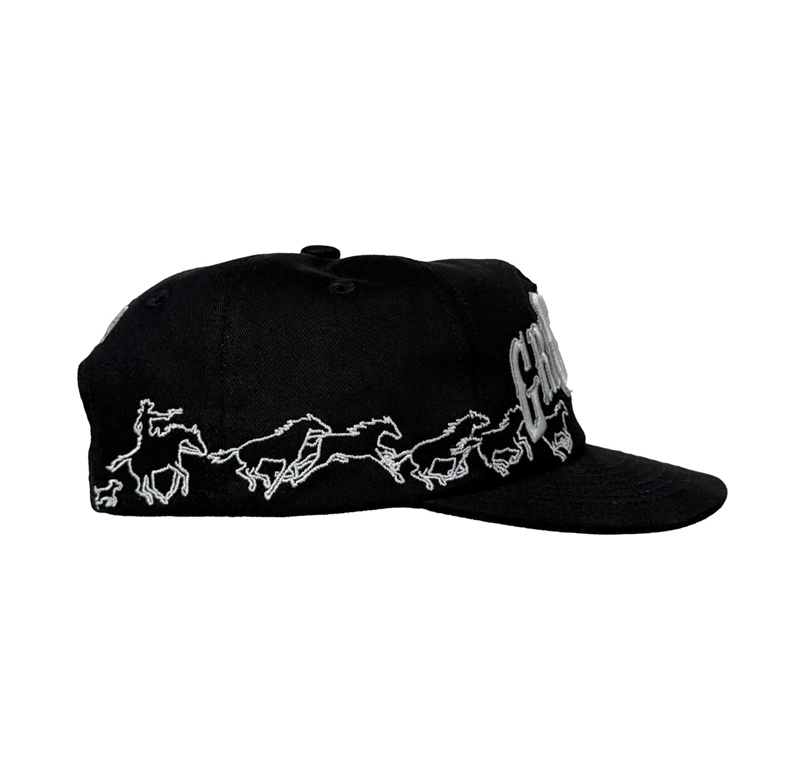 Black cap with white horse designs on a white background