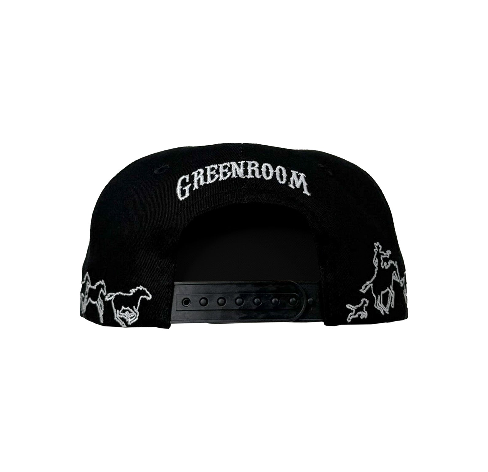 Black cap with 'Greenroom' text and horse designs on a white background