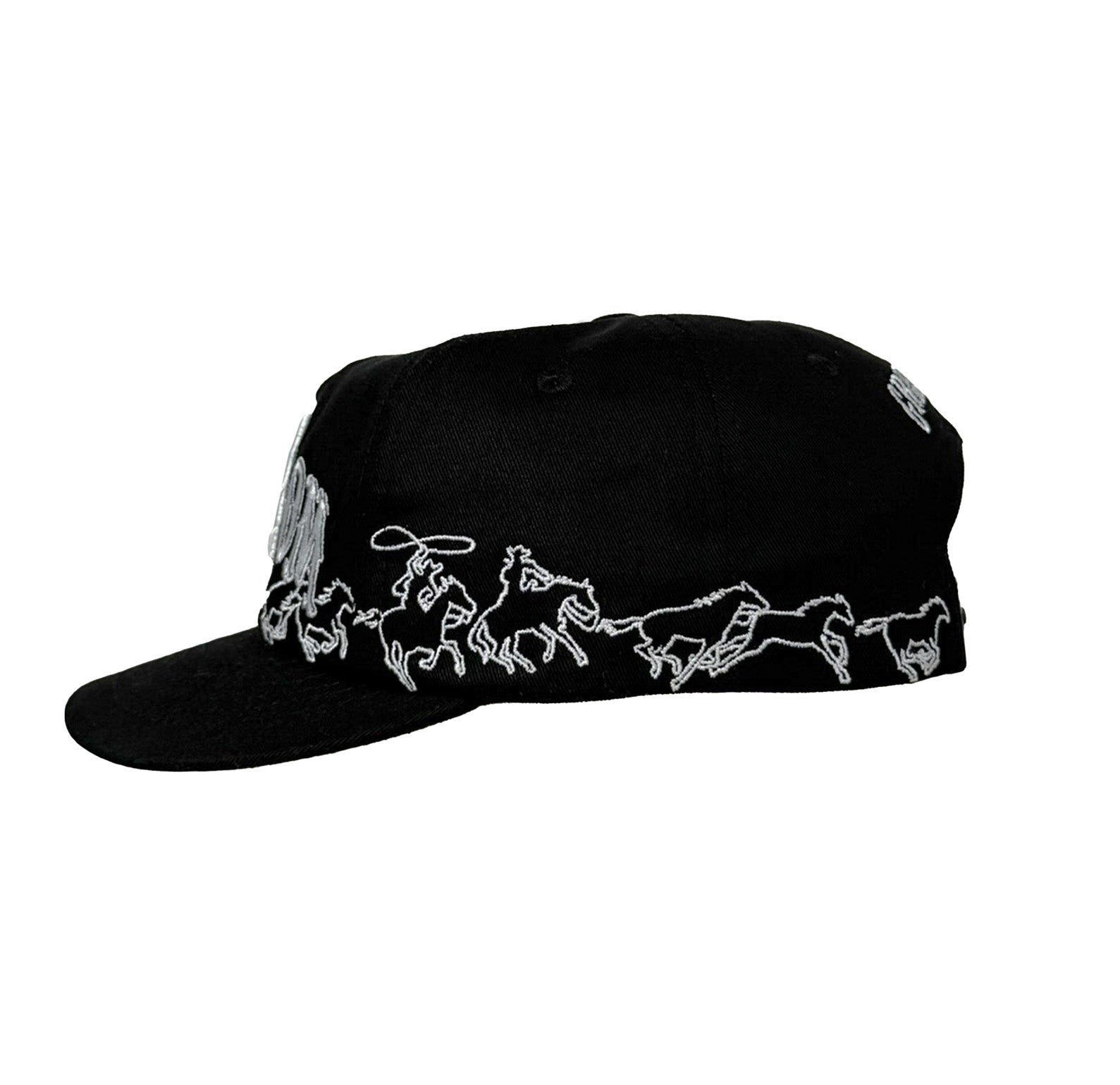 Black cap with white embroidered designs on a white background