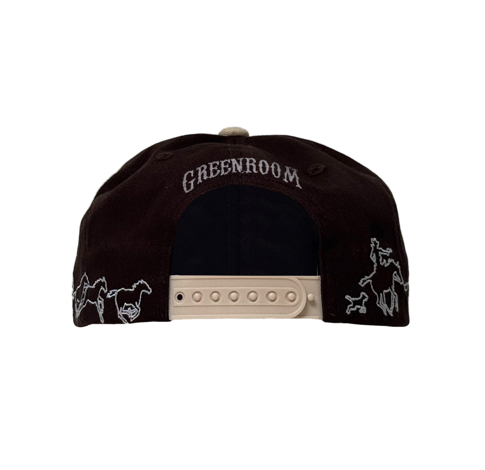 Black cap with 'Greenroom' branding and horse illustrations on a white background