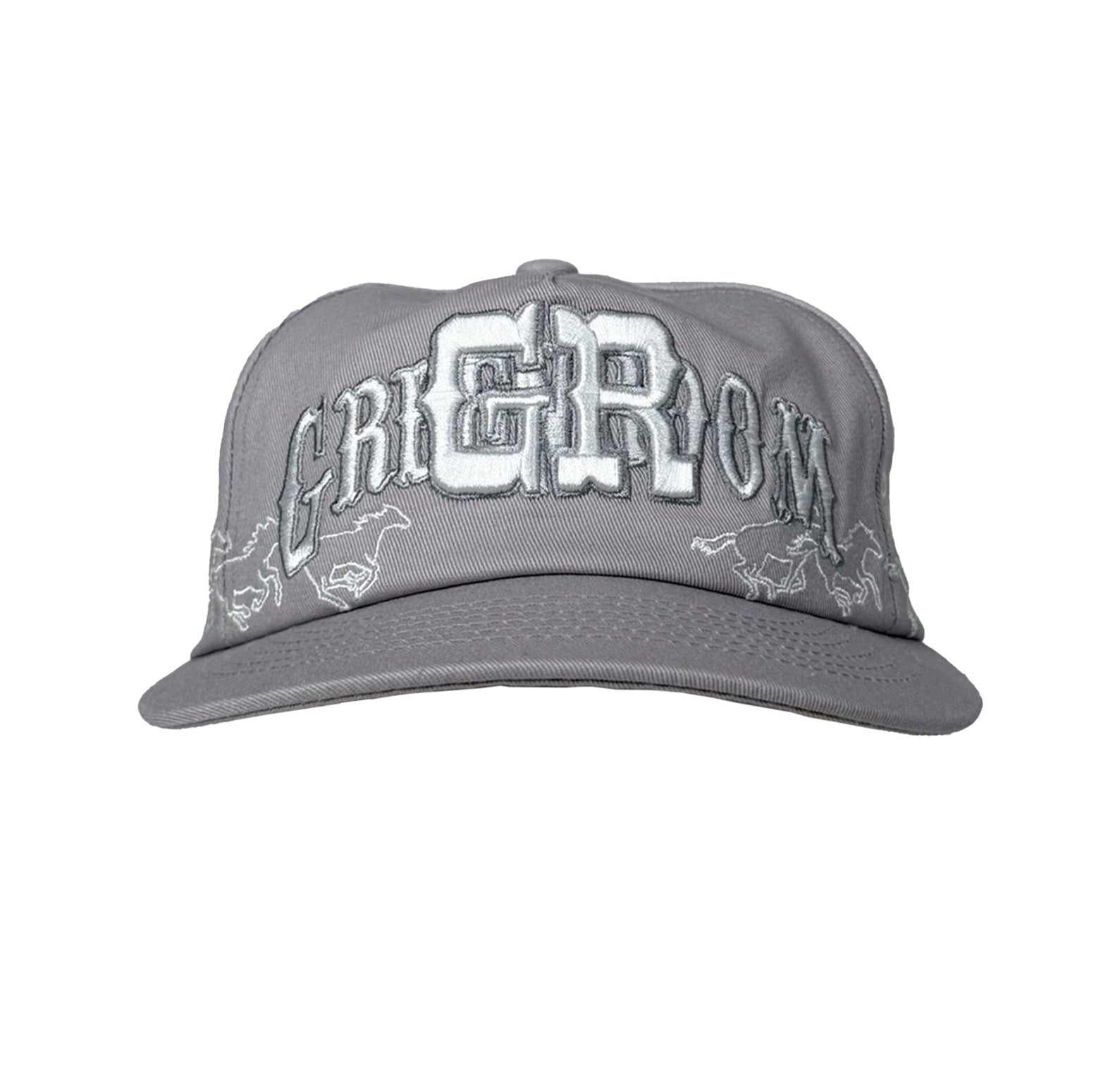 Gray cap with white embroidered text and logos on a white background