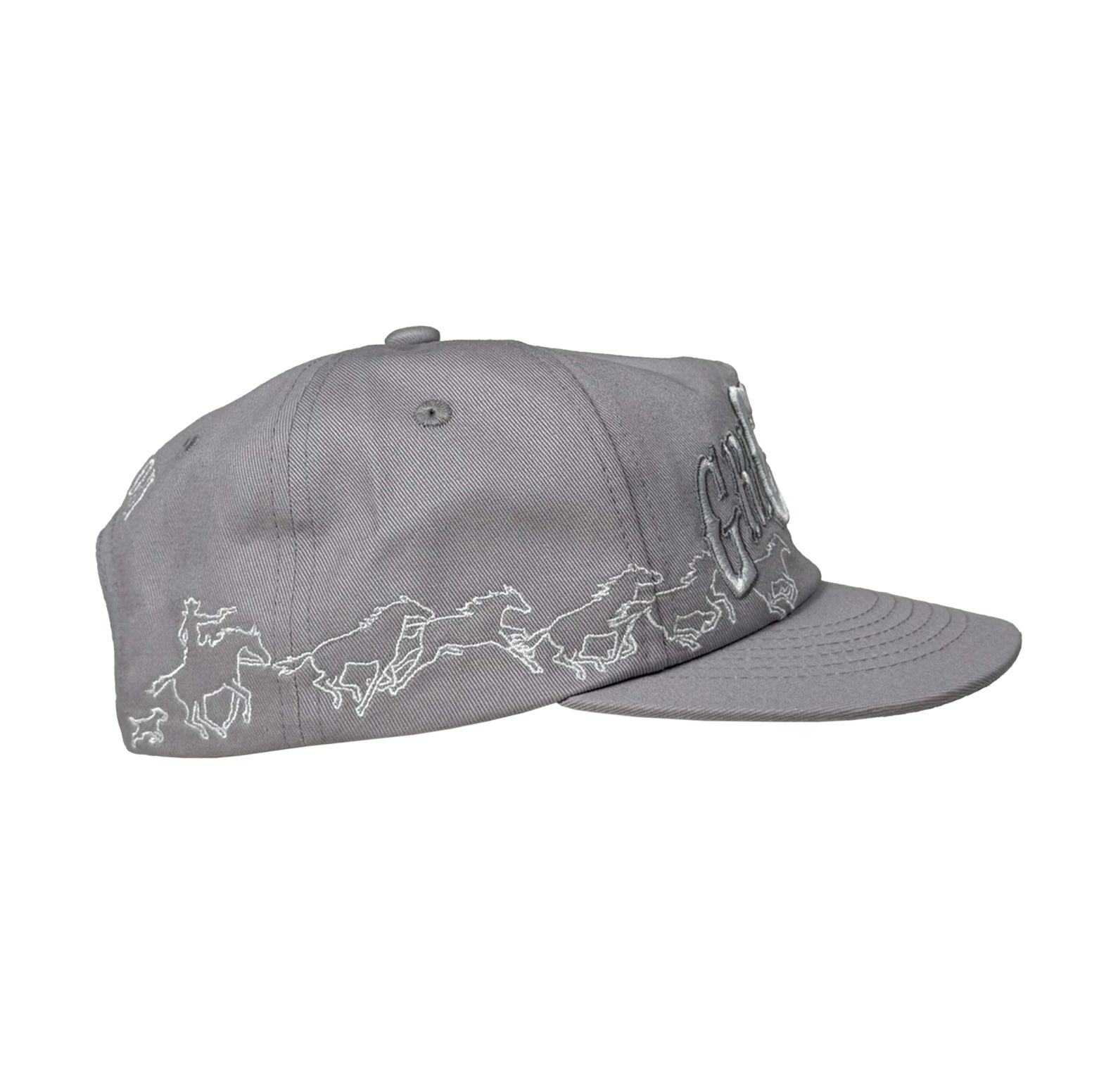 Gray cap with white embroidered design on a white background