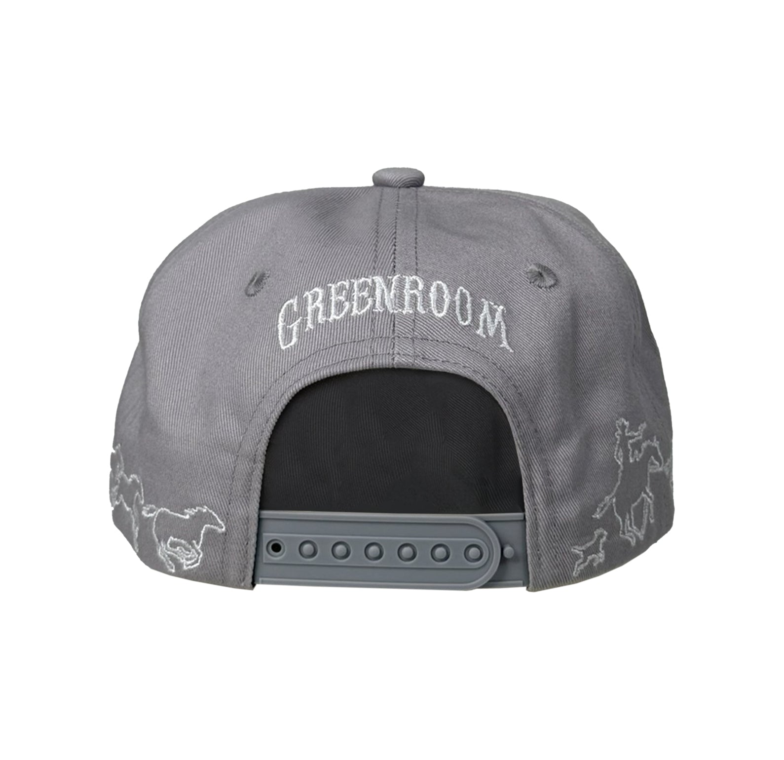 Gray cap with 'Greenroom' branding on a white background