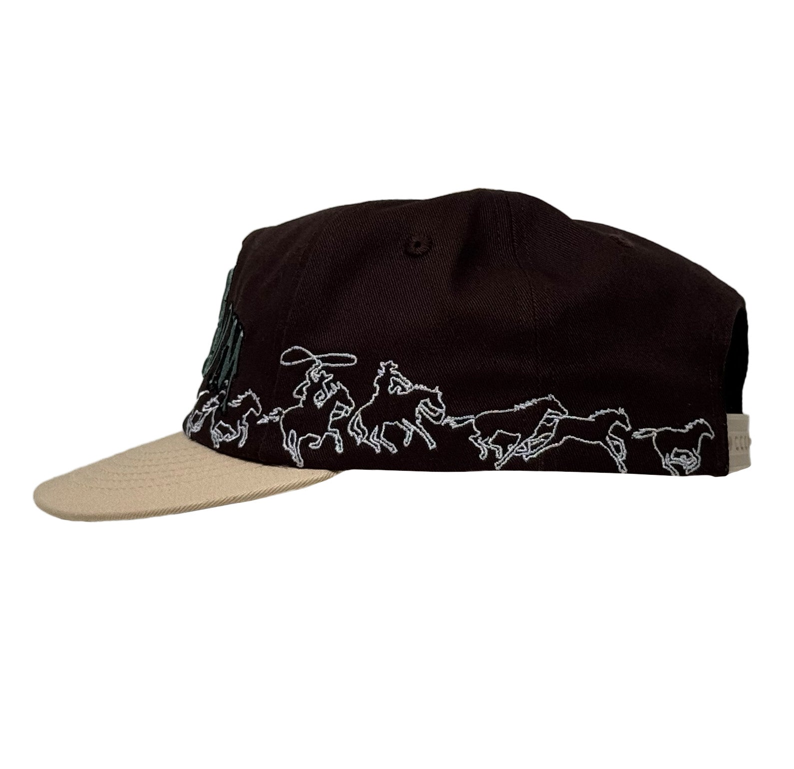 Black cap with beige visor and horse designs on a white background