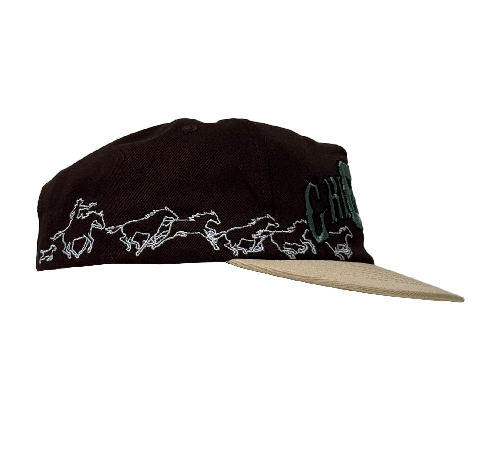 Black cap with white horse designs and beige visor on a white background