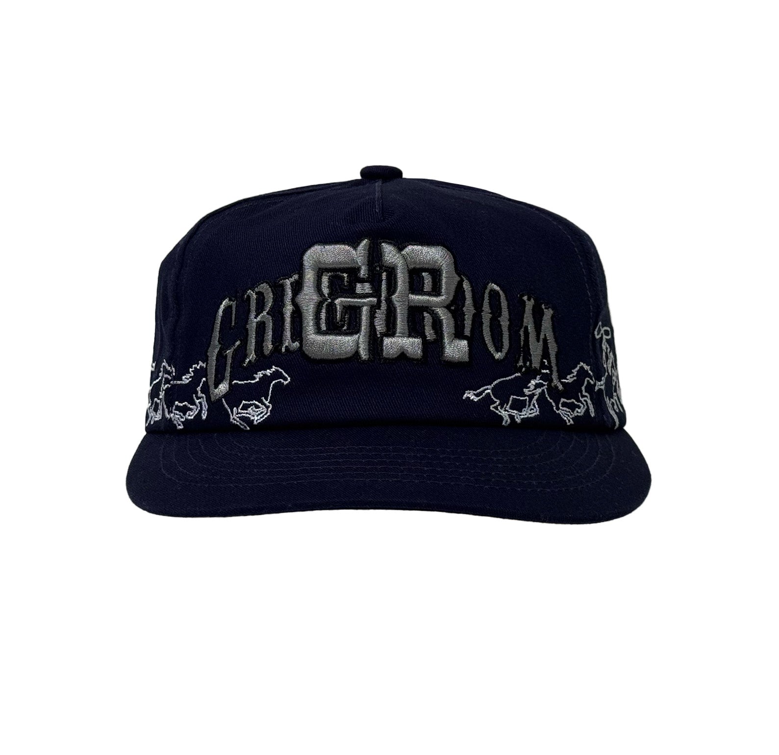Navy blue cap with 'GRIGRION' text and horse graphics on a white background