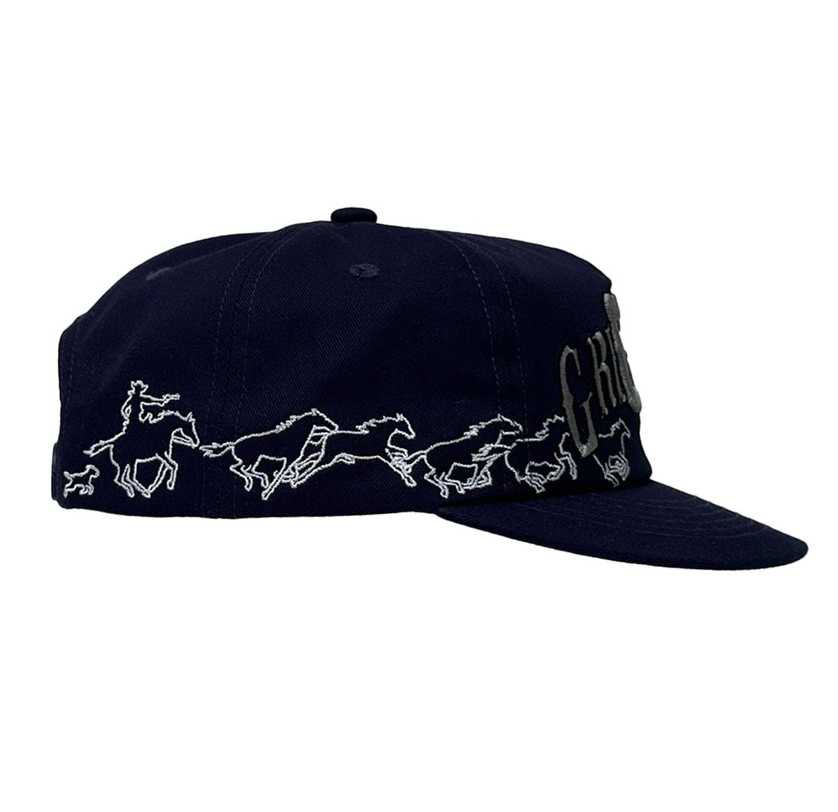 Black cap with white horse designs on a white background