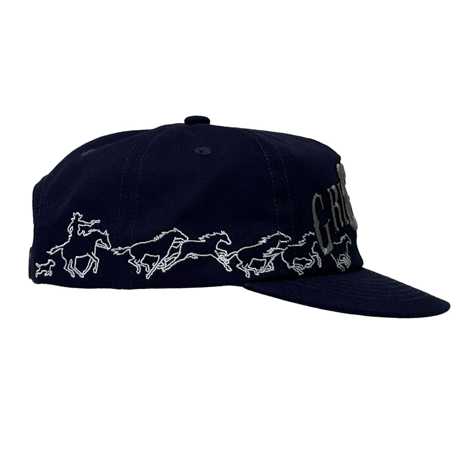 Black cap with white horse designs on a white background