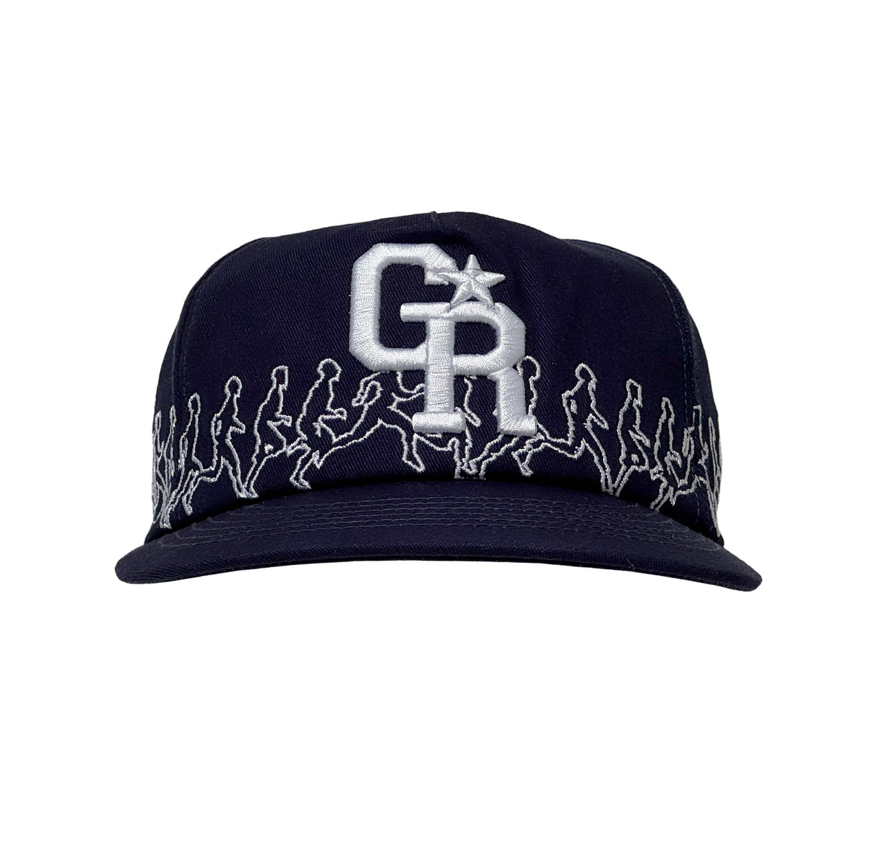  Vorderansicht einer navyblauen Cap mit großem weißen Sticklogo „GR“ samt Sternsymbol, ergänzt durch umlaufende Stickerei laufender Figuren am unteren Rand.
