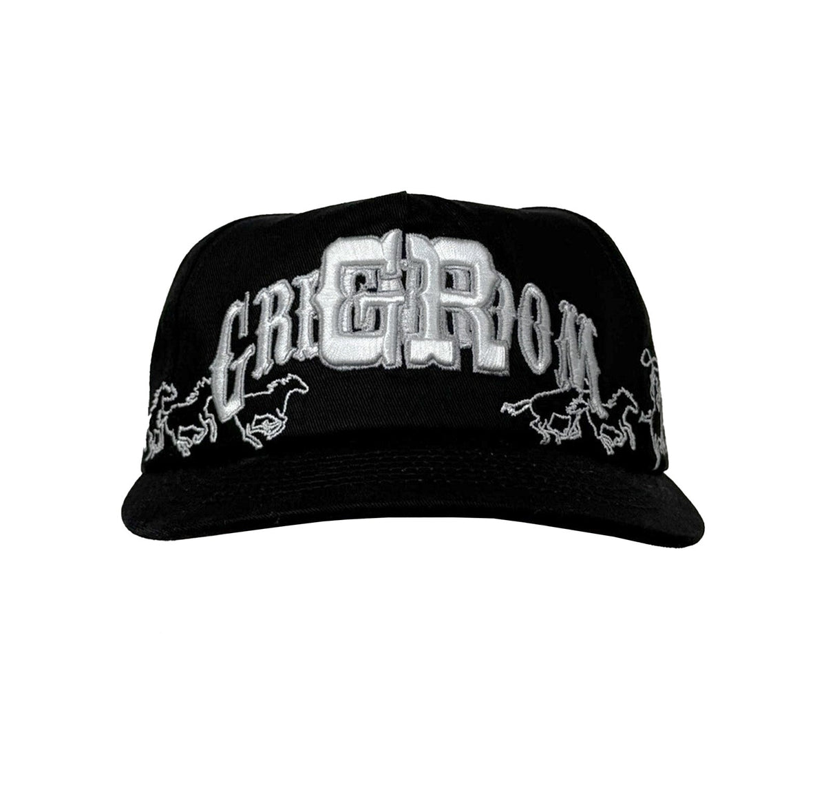 Black cap with white embroidered text and logos on a white background