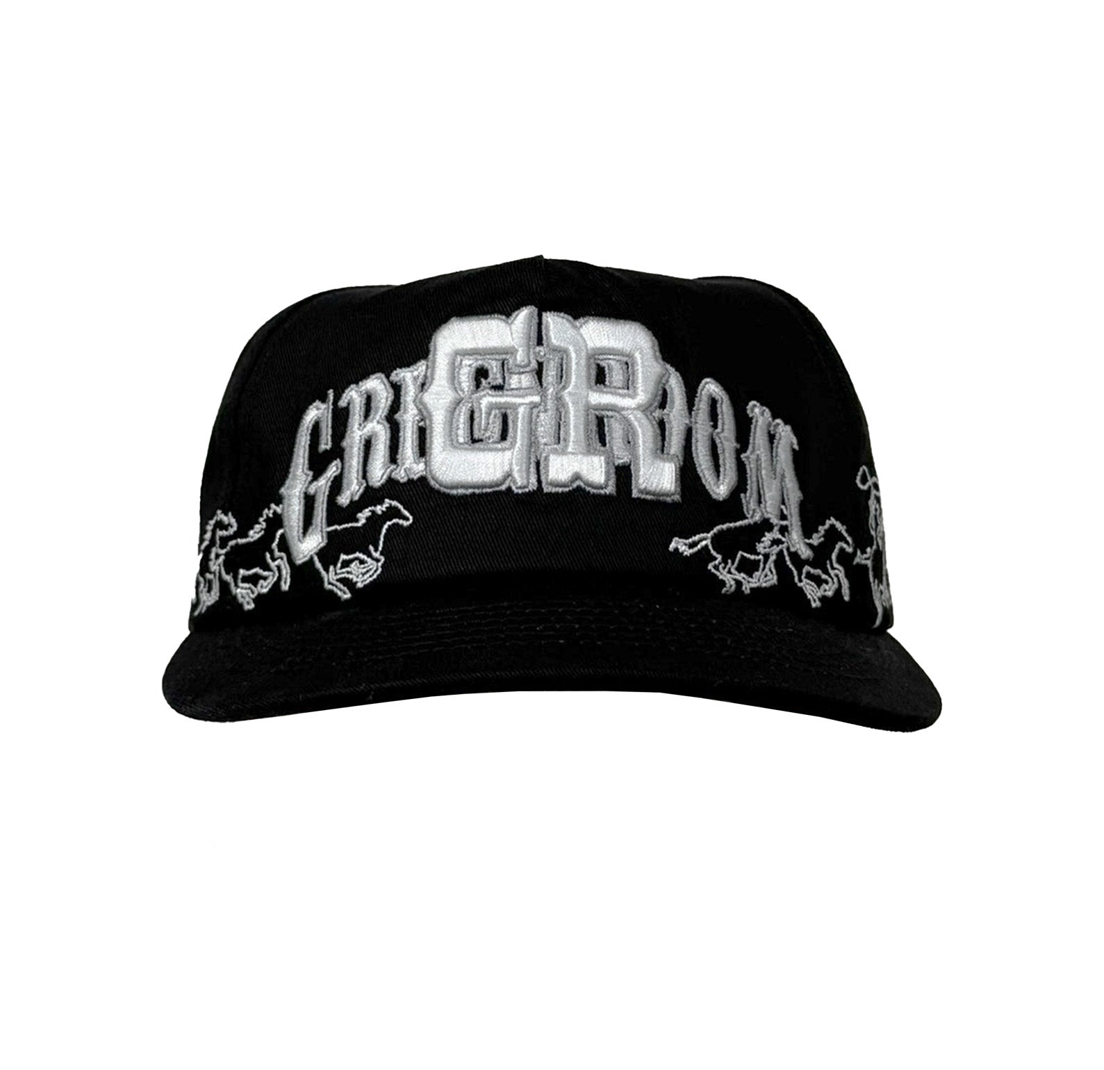 Black cap with white embroidered text and logos on a white background