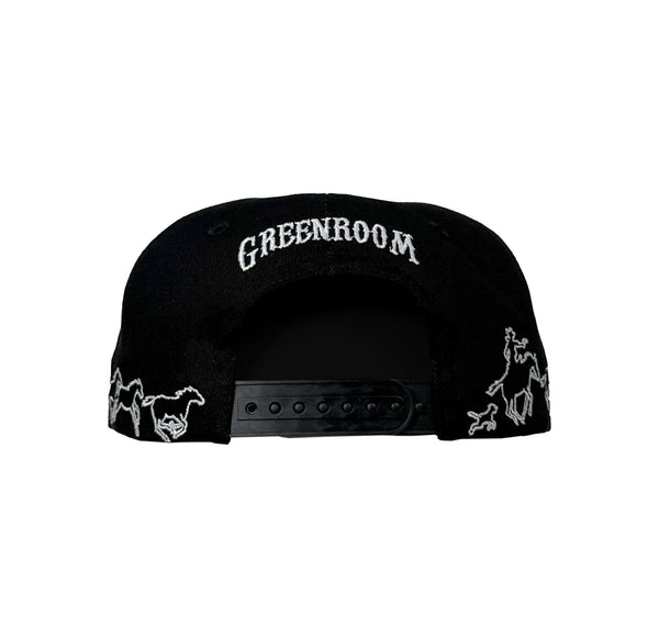 Black cap with 'Greenroom' text and horse designs on a white background