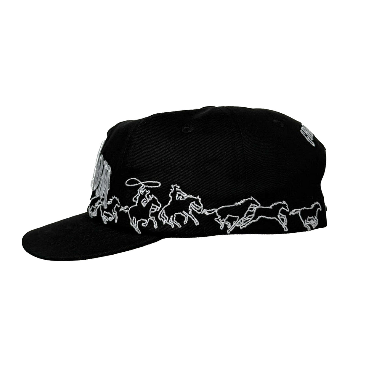 Black cap with white embroidered designs on a white background