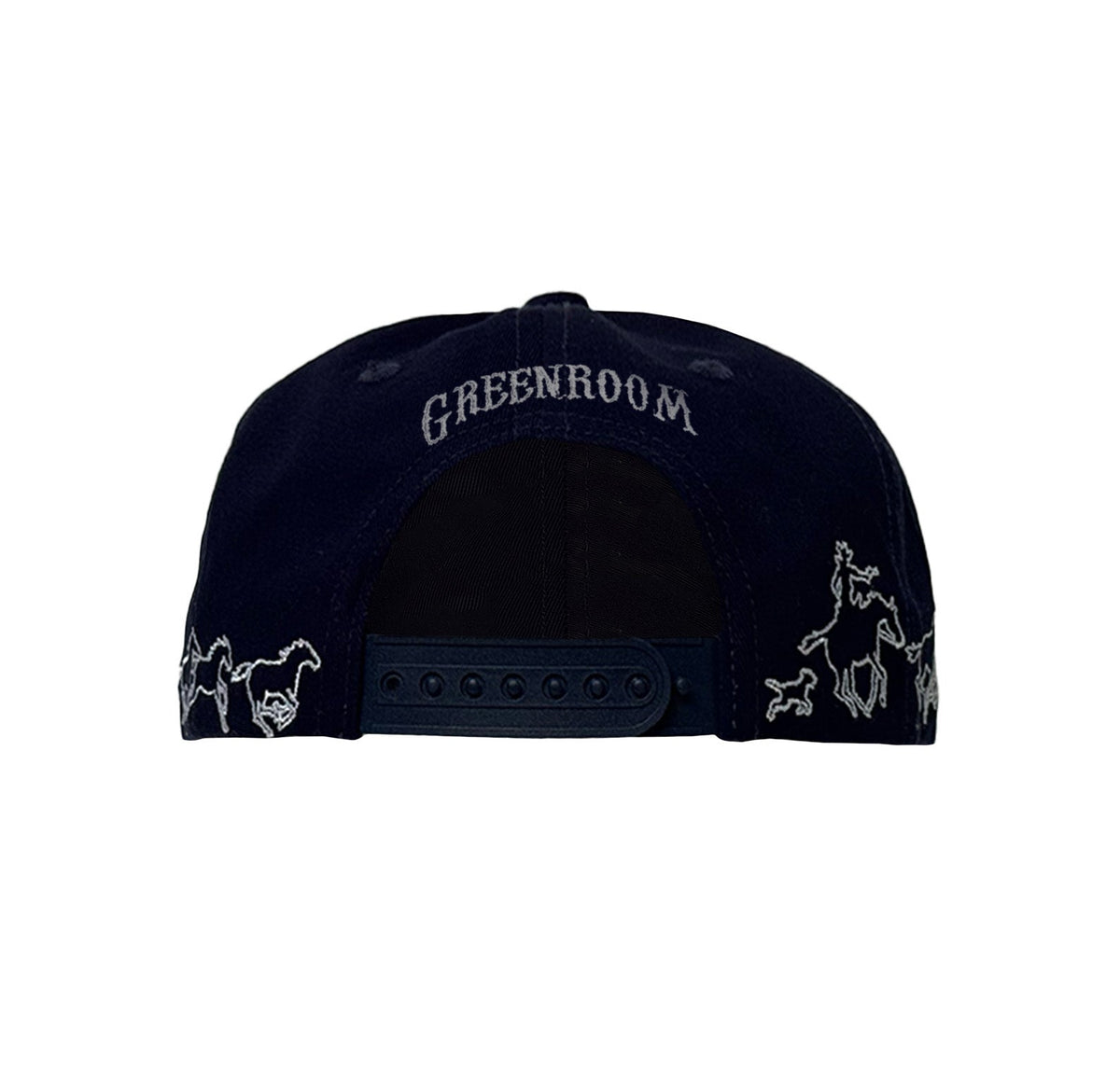 Black cap with 'Greenroom' branding and horse designs on a white background