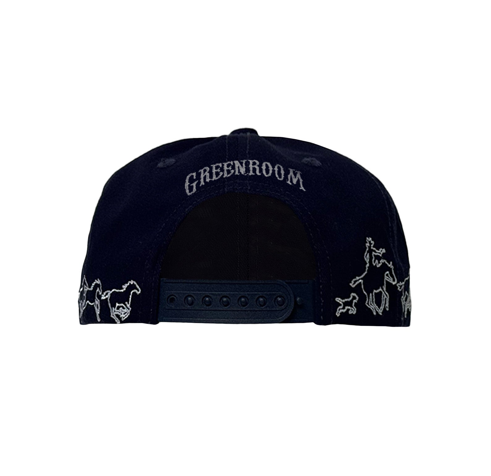 Black cap with 'Greenroom' branding and horse designs on a white background