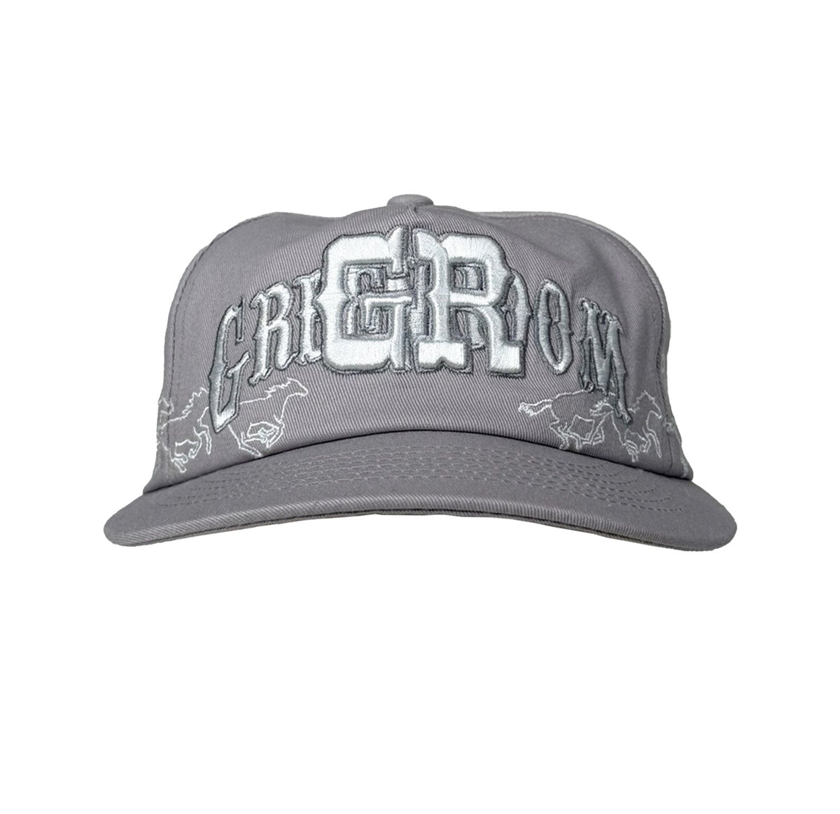 Gray cap with white embroidered text and logos on a white background