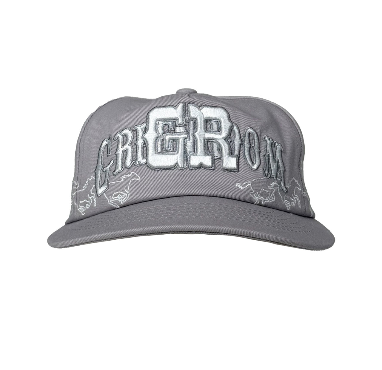 Gray cap with white embroidered text and logos on a white background