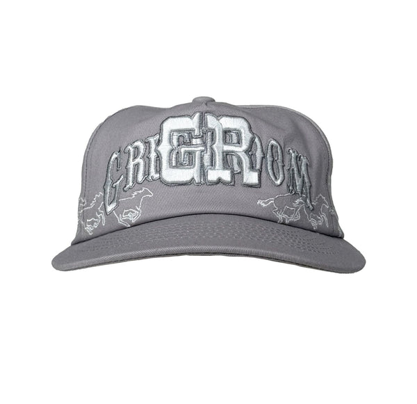 Gray cap with white embroidered text and logos on a white background