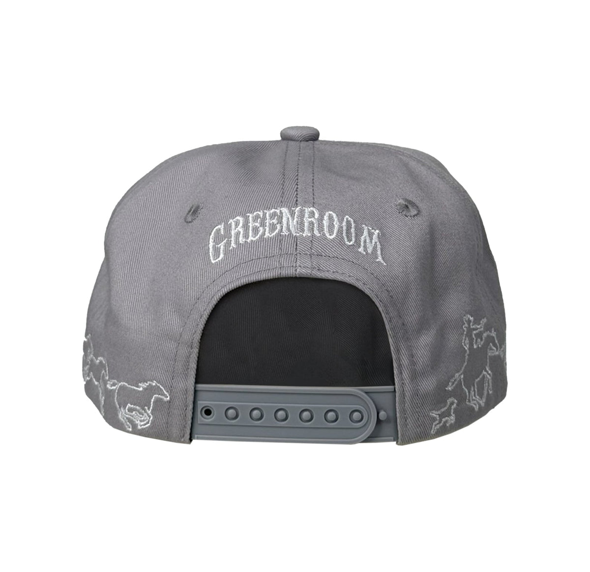 Gray cap with 'Greenroom' branding on a white background
