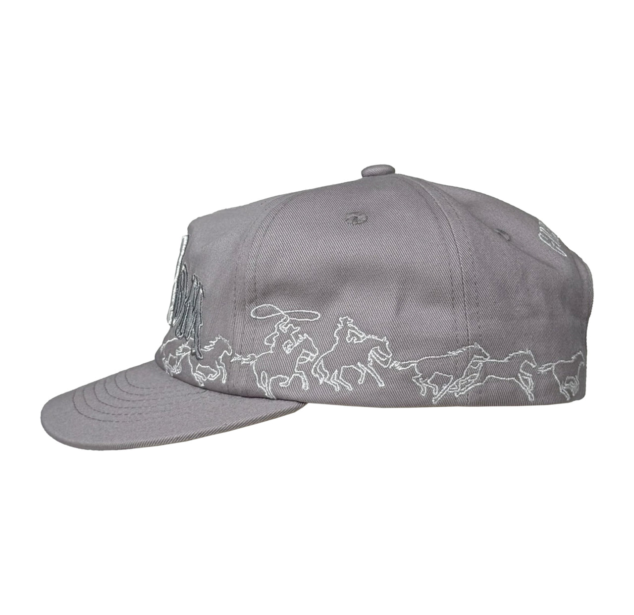 Gray cap with white horse designs on a white background